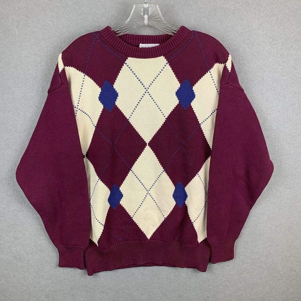 Vintage Brian MacNEIL‎ Knitwear Sweater Burgundy Diamond Pattern Mens Size Large